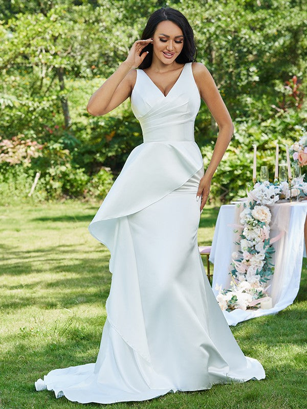 Sheath V-Neck Satin Sleeveless Ruffled Wedding Dress - Chloe Dress