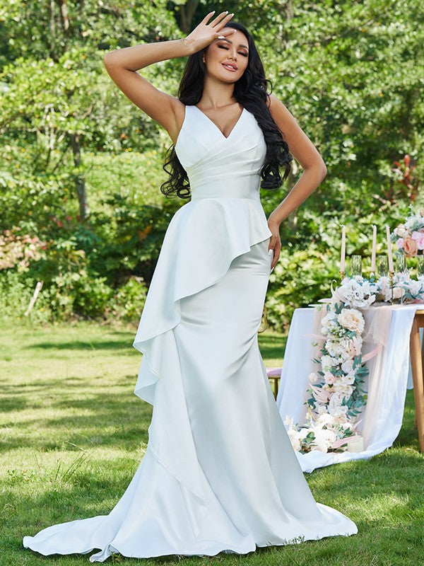 Sheath V-Neck Satin Sleeveless Ruffled Wedding Dress - Chloe Dress