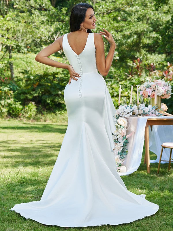 Sheath V-Neck Satin Sleeveless Ruffled Wedding Dress - Chloe Dress