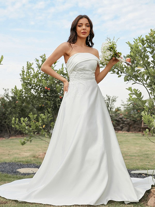A-Line Strapless Satin Sleeveless Train Wedding Dress - Chloe Dress