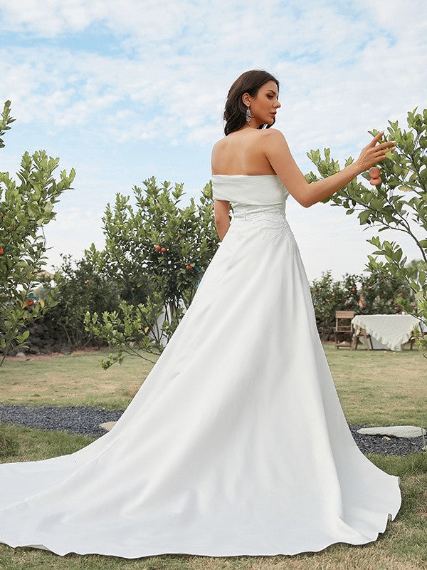A-Line Strapless Satin Sleeveless Train Wedding Dress - Chloe Dress