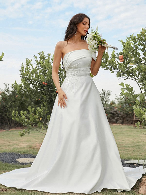 A-Line Strapless Satin Sleeveless Train Wedding Dress - Chloe Dress
