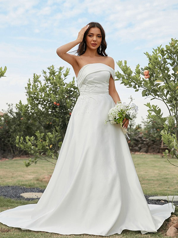 A-Line Strapless Satin Sleeveless Train Wedding Dress - Chloe Dress