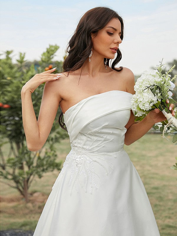 A-Line Strapless Satin Sleeveless Train Wedding Dress - Chloe Dress