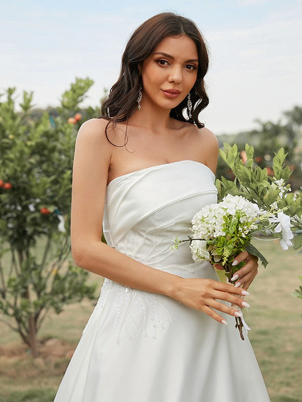 A-Line Strapless Satin Sleeveless Train Wedding Dress - Chloe Dress