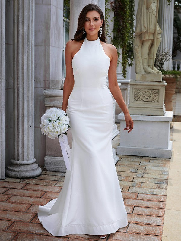 Sheath Halter Crepe Sleeveless Train Wedding Dress - Chloe Dress