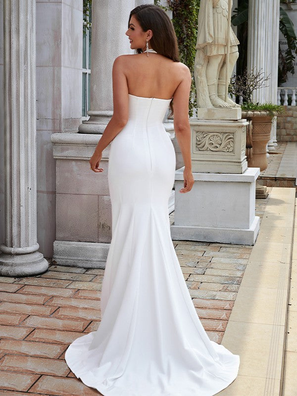 Sheath Halter Crepe Sleeveless Train Wedding Dress - Chloe Dress