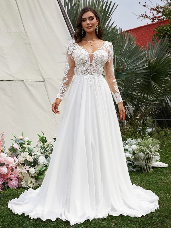 A-Line V-Neck Chiffon Long Sleeve Train Wedding Dress - Chloe Dress