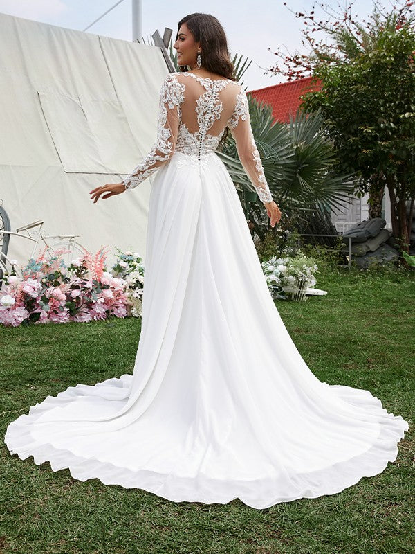 A-Line V-Neck Chiffon Long Sleeve Train Wedding Dress - Chloe Dress