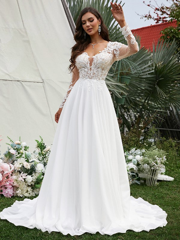 A-Line V-Neck Chiffon Long Sleeve Train Wedding Dress - Chloe Dress