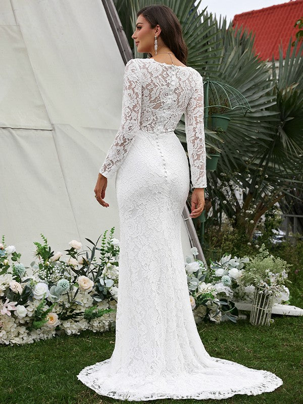 Sheath V-Neck Lace Long Sleeve Train Wedding Dress - Chloe Dress