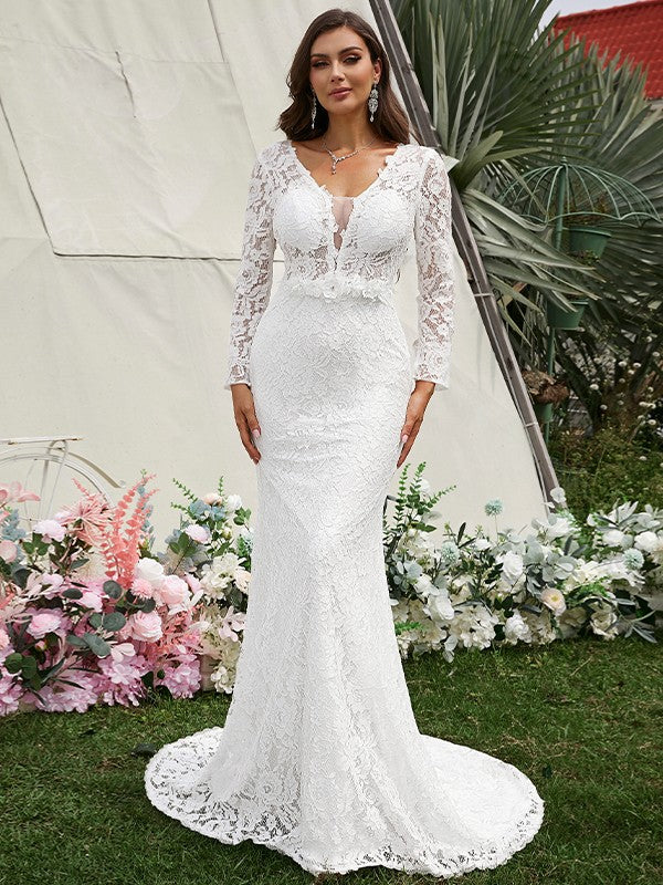 Sheath V-Neck Lace Long Sleeve Train Wedding Dress - Chloe Dress