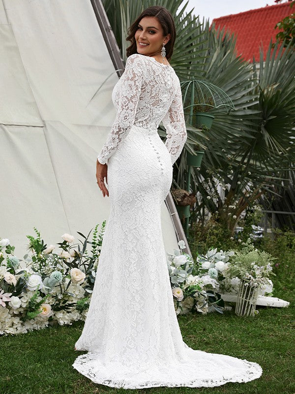 Sheath V-Neck Lace Long Sleeve Train Wedding Dress - Chloe Dress