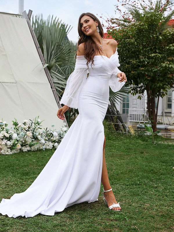 Sheath Crepe Long Sleeve Train Wedding Dress - Chloe Dress