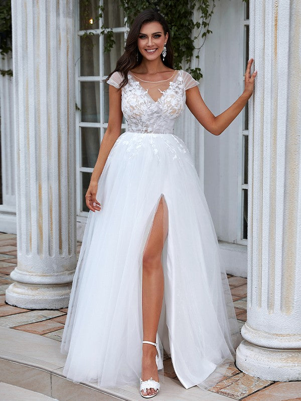 A-Line Lace Short Sleeve Train Mini Wedding Dress - Chloe Dress