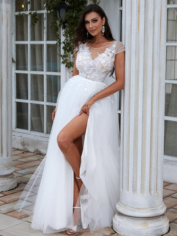 A-Line Lace Short Sleeve Train Mini Wedding Dress - Chloe Dress