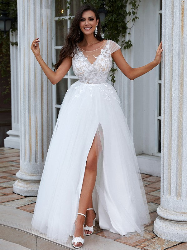 A-Line Lace Short Sleeve Train Mini Wedding Dress - Chloe Dress