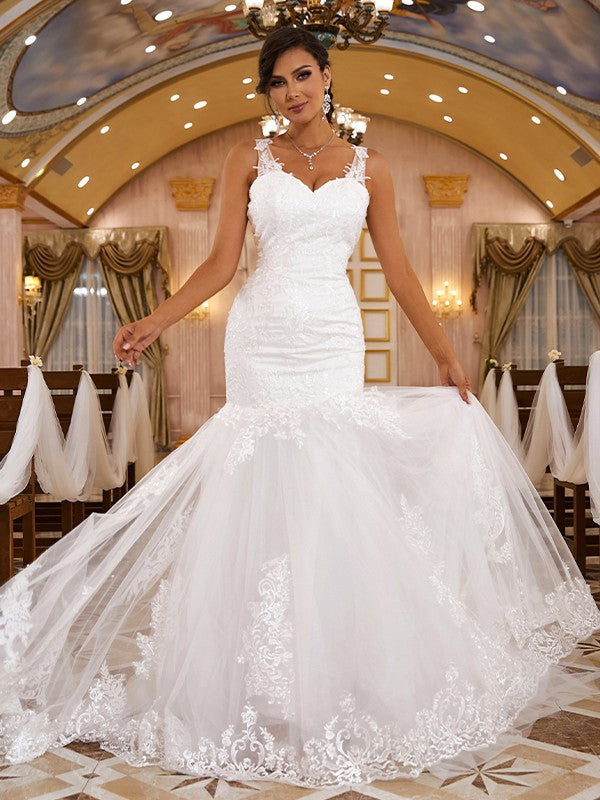 Mermaid V-Neck Lace Sleeveless Train Wedding Dress - Chloe Dress