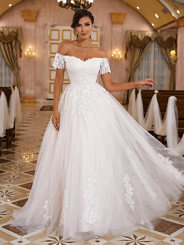 A-Line Lace Short Sleeve Train Mini Wedding Dress - Chloe Dress