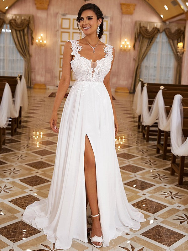 A-Line Chiffon Sleeveless Train Wedding Dress - Chloe Dress
