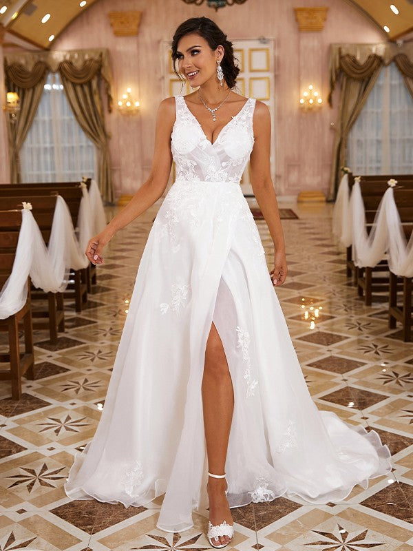 A-Line V-Neck Organza Sleeveless Train Wedding Dress - Chloe Dress