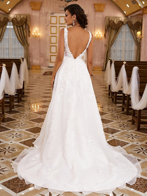 A-Line V-Neck Organza Sleeveless Train Wedding Dress - Chloe Dress