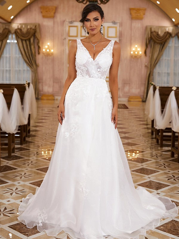 A-Line V-Neck Organza Sleeveless Train Wedding Dress - Chloe Dress