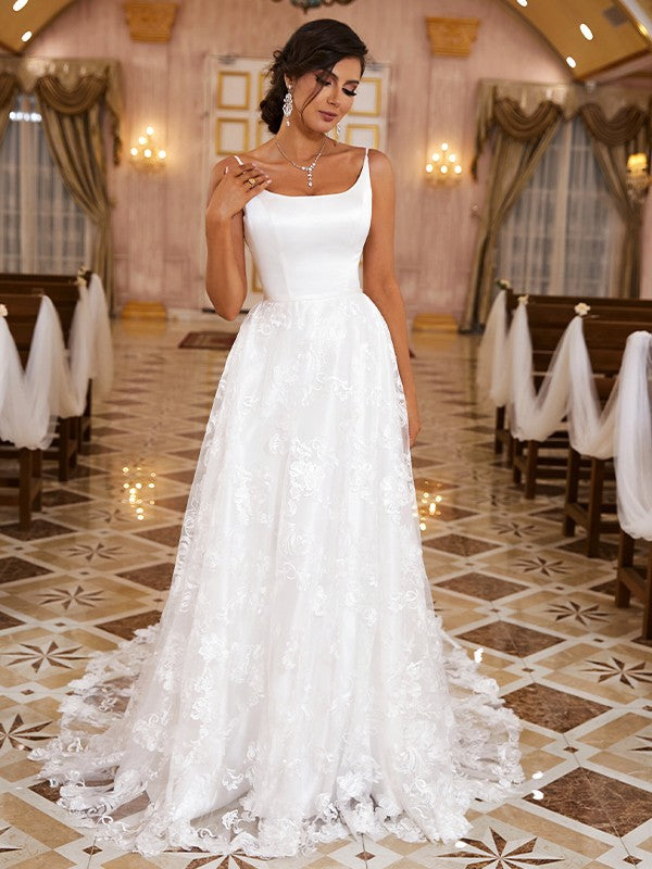 A-Line Spaghetti Strap Lace Sleeveless Train Wedding Dress - Chloe Dress