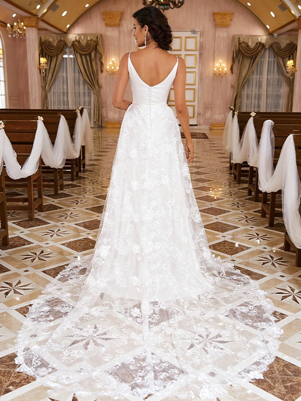 A-Line Spaghetti Strap Lace Sleeveless Train Wedding Dress - Chloe Dress