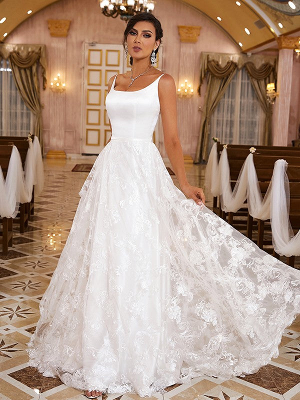 A-Line Spaghetti Strap Lace Sleeveless Train Wedding Dress - Chloe Dress