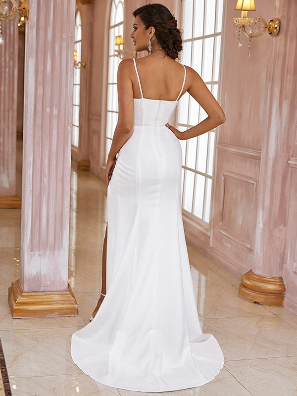 Sheath Spaghetti Strap Crepe Sleeveless Train Wedding Dress - Chloe Dress