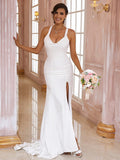 Sheath V-Neck Crepe Sleeveless Train Wedding Dress - Chloe Dress