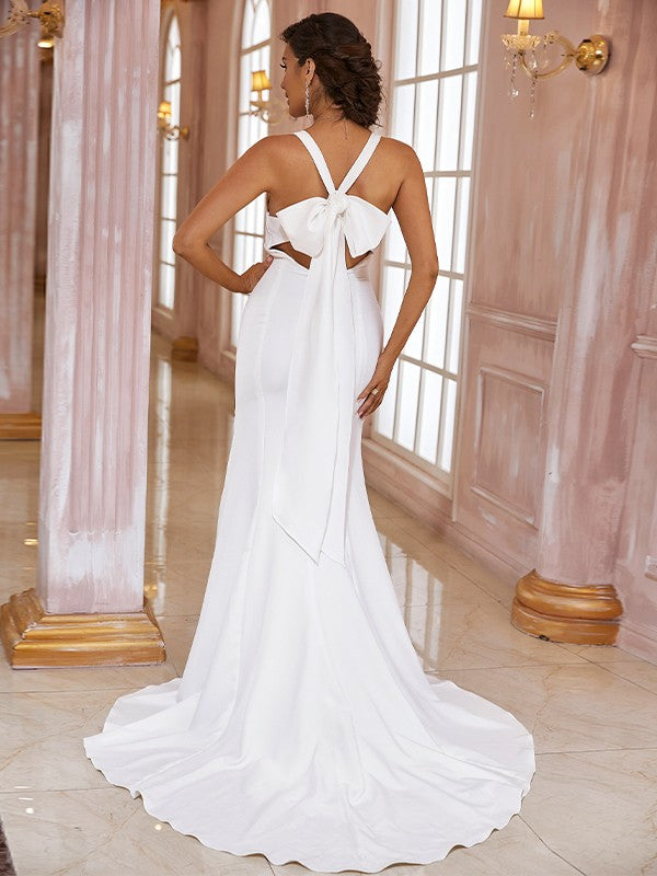 Sheath V-Neck Crepe Sleeveless Train Wedding Dress - Chloe Dress