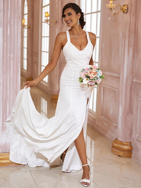 Sheath V-Neck Crepe Sleeveless Train Wedding Dress - Chloe Dress