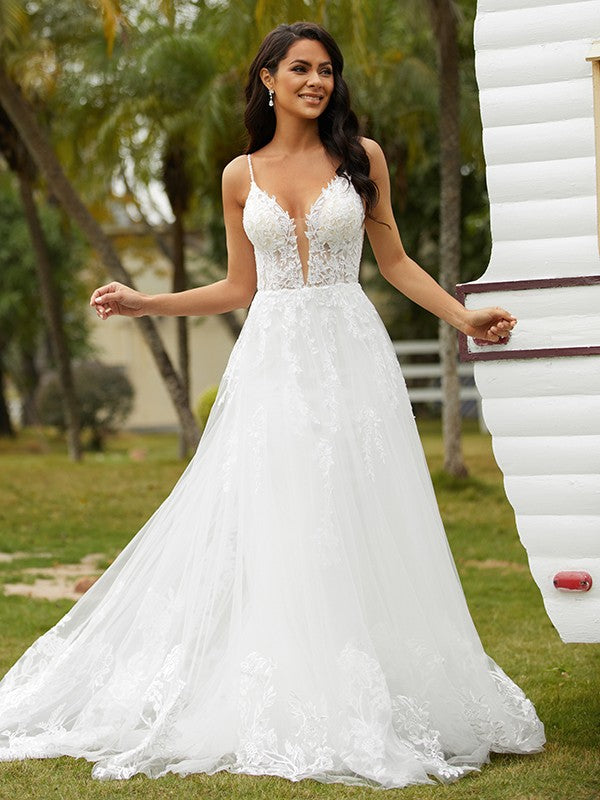 A-Line V-Neck Tulle Sleeveless Train Wedding Dress - Chloe Dress