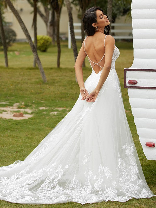 A-Line V-Neck Tulle Sleeveless Train Wedding Dress - Chloe Dress