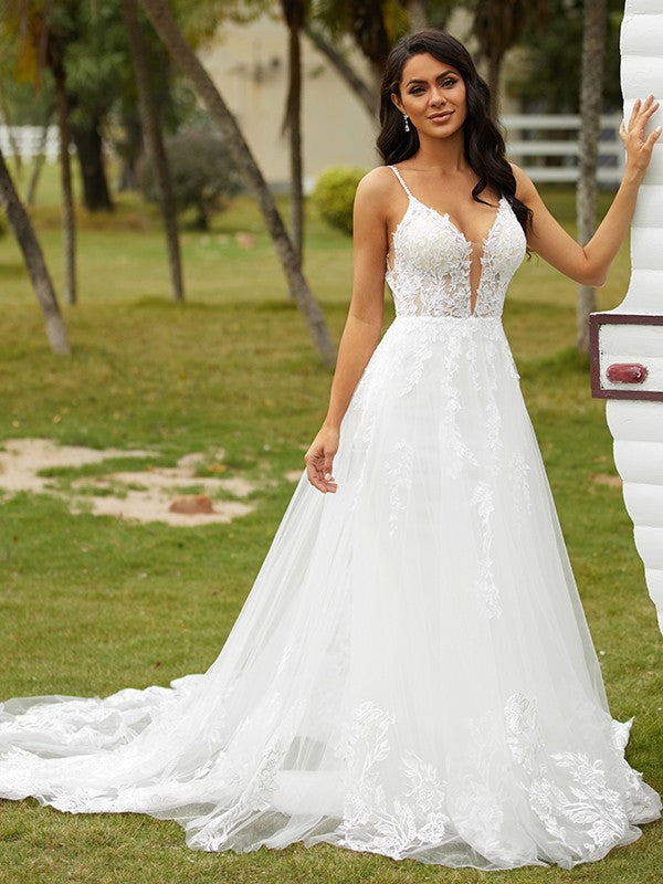 A-Line V-Neck Tulle Sleeveless Train Wedding Dress - Chloe Dress