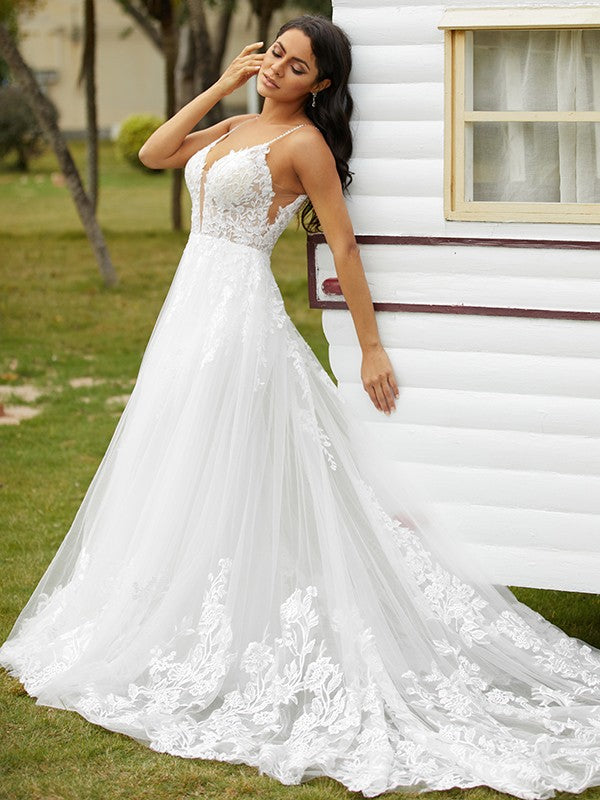 A-Line V-Neck Tulle Sleeveless Train Wedding Dress - Chloe Dress