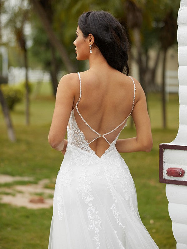 A-Line V-Neck Tulle Sleeveless Train Wedding Dress - Chloe Dress