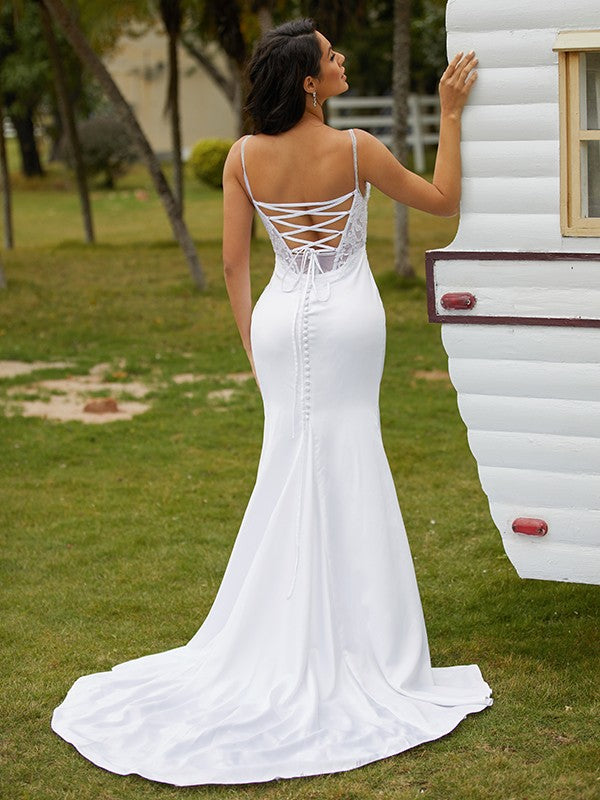 Sheath V-Neck Lace Sleeveless Train Wedding Dress - Chloe Dress