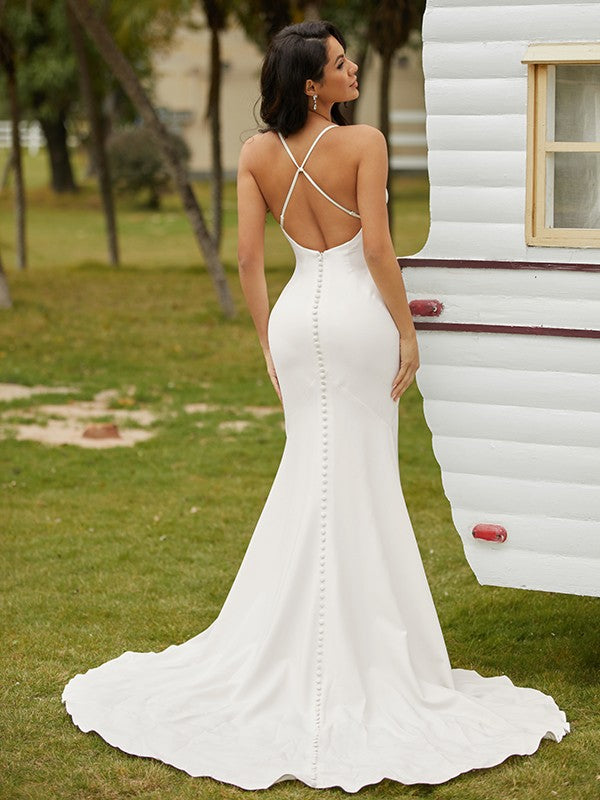 Sheath Spaghetti Strap Crepe Sleeveless Train Wedding Dress - Chloe Dress