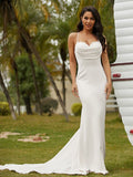 Sheath Spaghetti Strap Crepe Sleeveless Train Wedding Dress - Chloe Dress