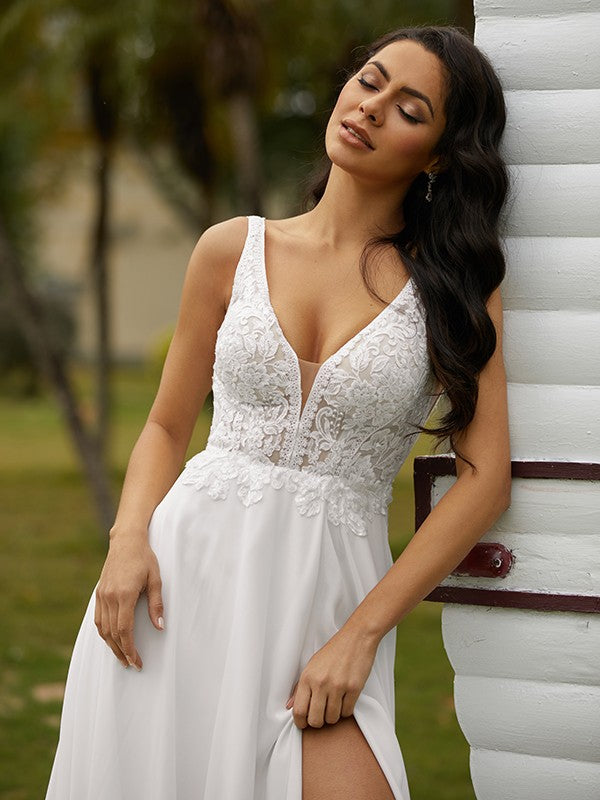 A-Line V-Neck Chiffon Sleeveless Train Wedding Dress - Chloe Dress