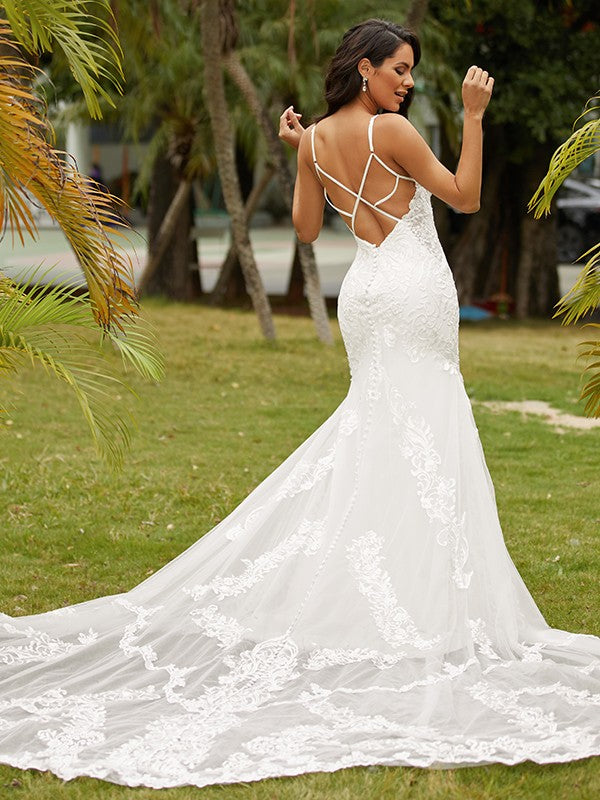 Sheath Lace Sleeveless Train Wedding Dress - Chloe Dress