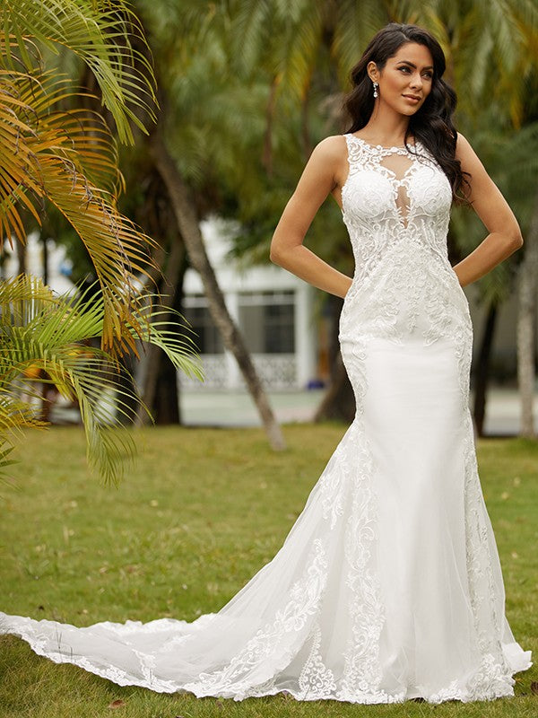 Sheath Lace Sleeveless Train Wedding Dress - Chloe Dress