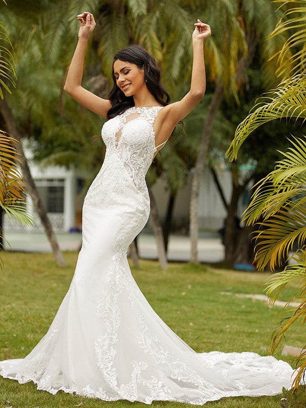 Sheath Lace Sleeveless Train Wedding Dress - Chloe Dress