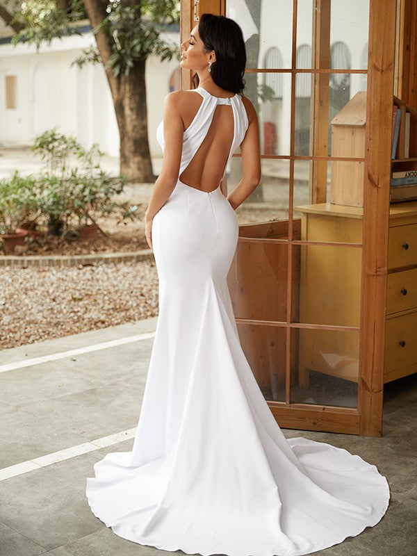 Sheath Crepe Sleeveless Train Wedding Dress - Chloe Dress