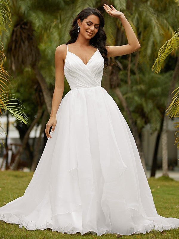 Ball Gown V-Neck Satin Sleeveless Ruffled Wedding Gown - Chloe Dress