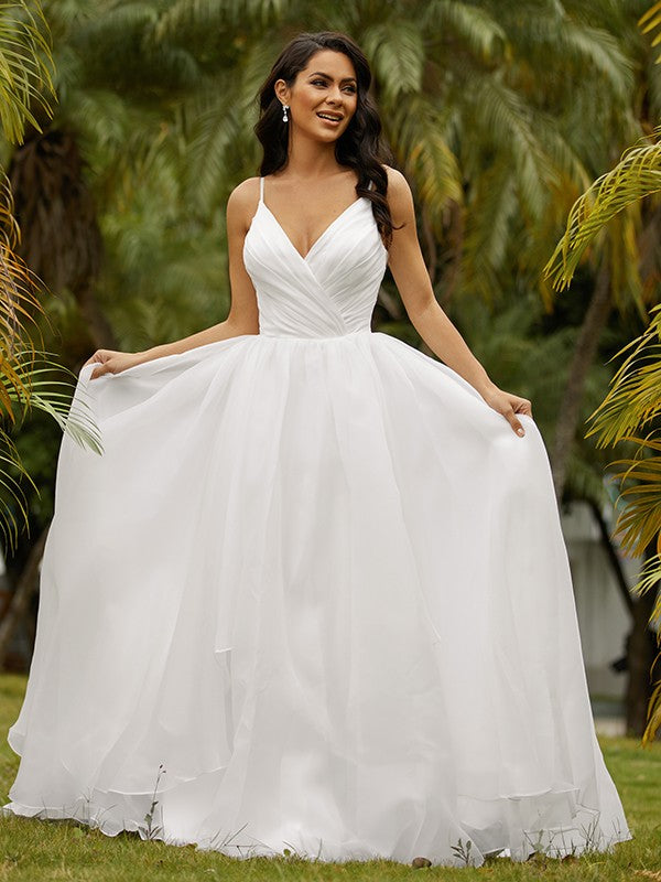 Ball Gown V-Neck Satin Sleeveless Ruffled Wedding Gown - Chloe Dress