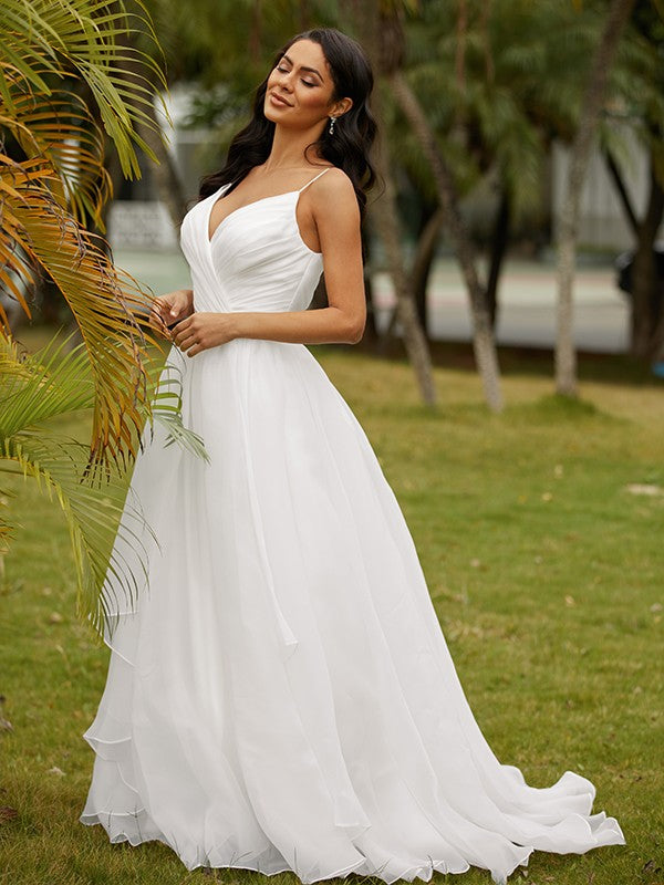 Ball Gown V-Neck Satin Sleeveless Ruffled Wedding Gown - Chloe Dress